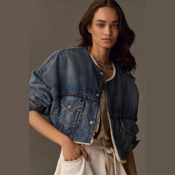NEW Denimist - Size XXS, Oversized Cropped Sherpa-Lined Denim Jacket, Denim Dark - Picture 4 of 4